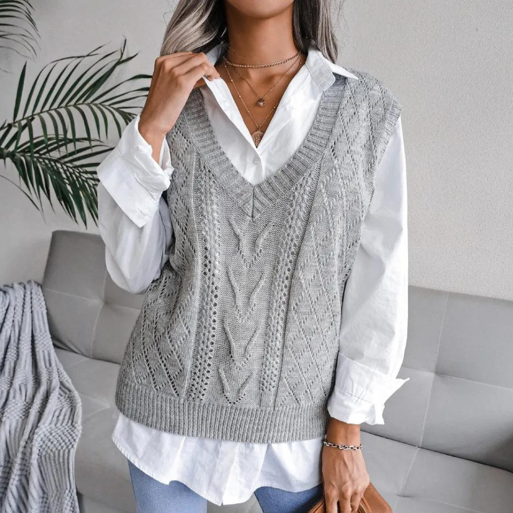 Women's Lightweight Cable Knit Jumper Vest with V Neck and Ribbed Knit Hem