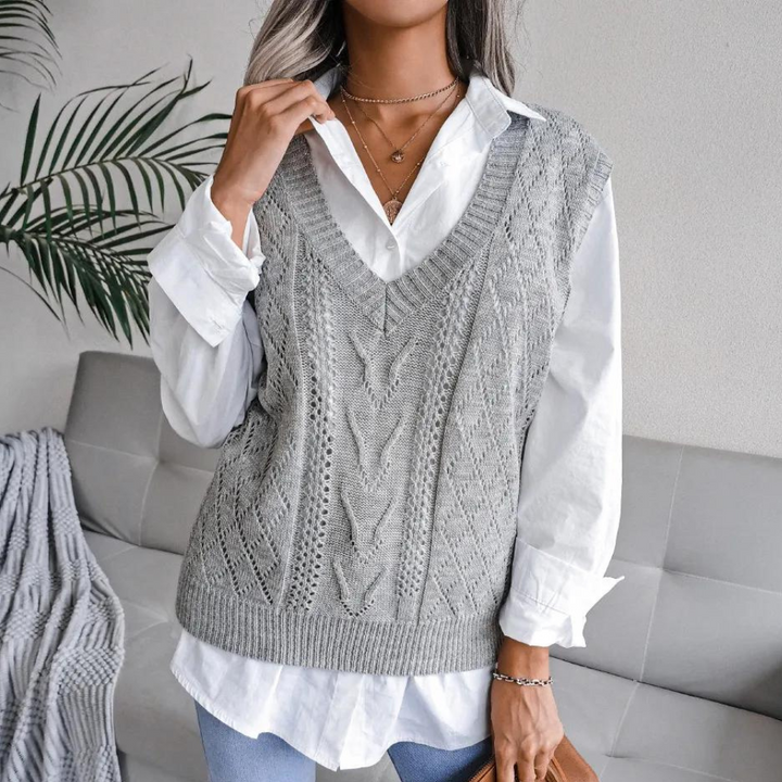 Women's Lightweight Cable Knit Jumper Vest with V Neck and Ribbed Knit Hem