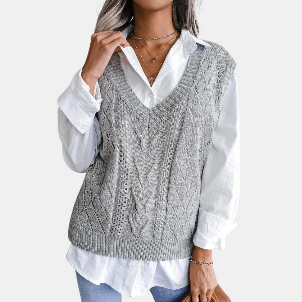 Women's Lightweight Cable Knit Jumper Vest with V Neck and Ribbed Knit Hem