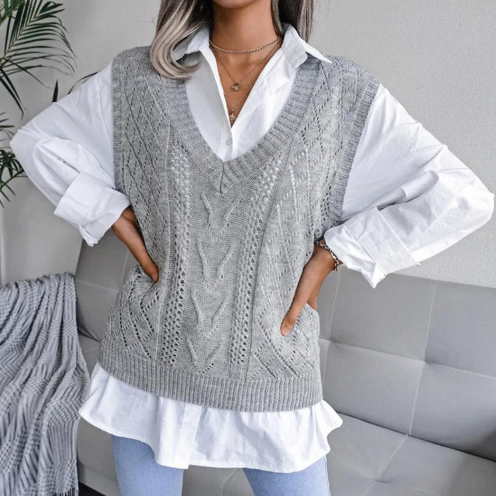 Women's Lightweight Cable Knit Jumper Vest with V Neck and Ribbed Knit Hem