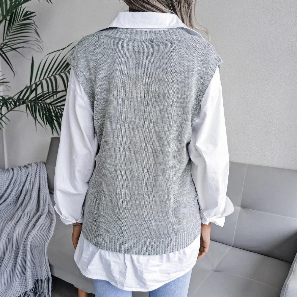 Women's Lightweight Cable Knit Jumper Vest with V Neck and Ribbed Knit Hem