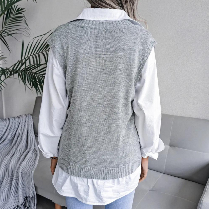 Women's Lightweight Cable Knit Jumper Vest with V Neck and Ribbed Knit Hem