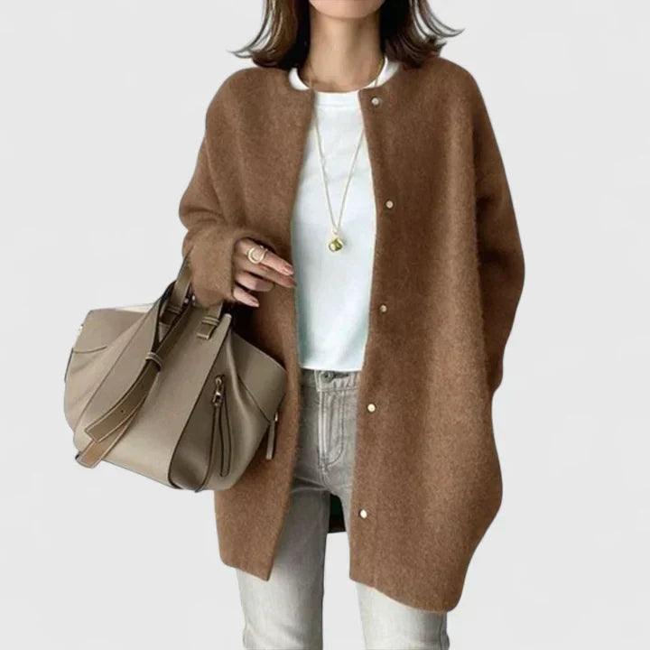 Women's Elegant Longline Cardigan with Button Up Front and Round Neckline