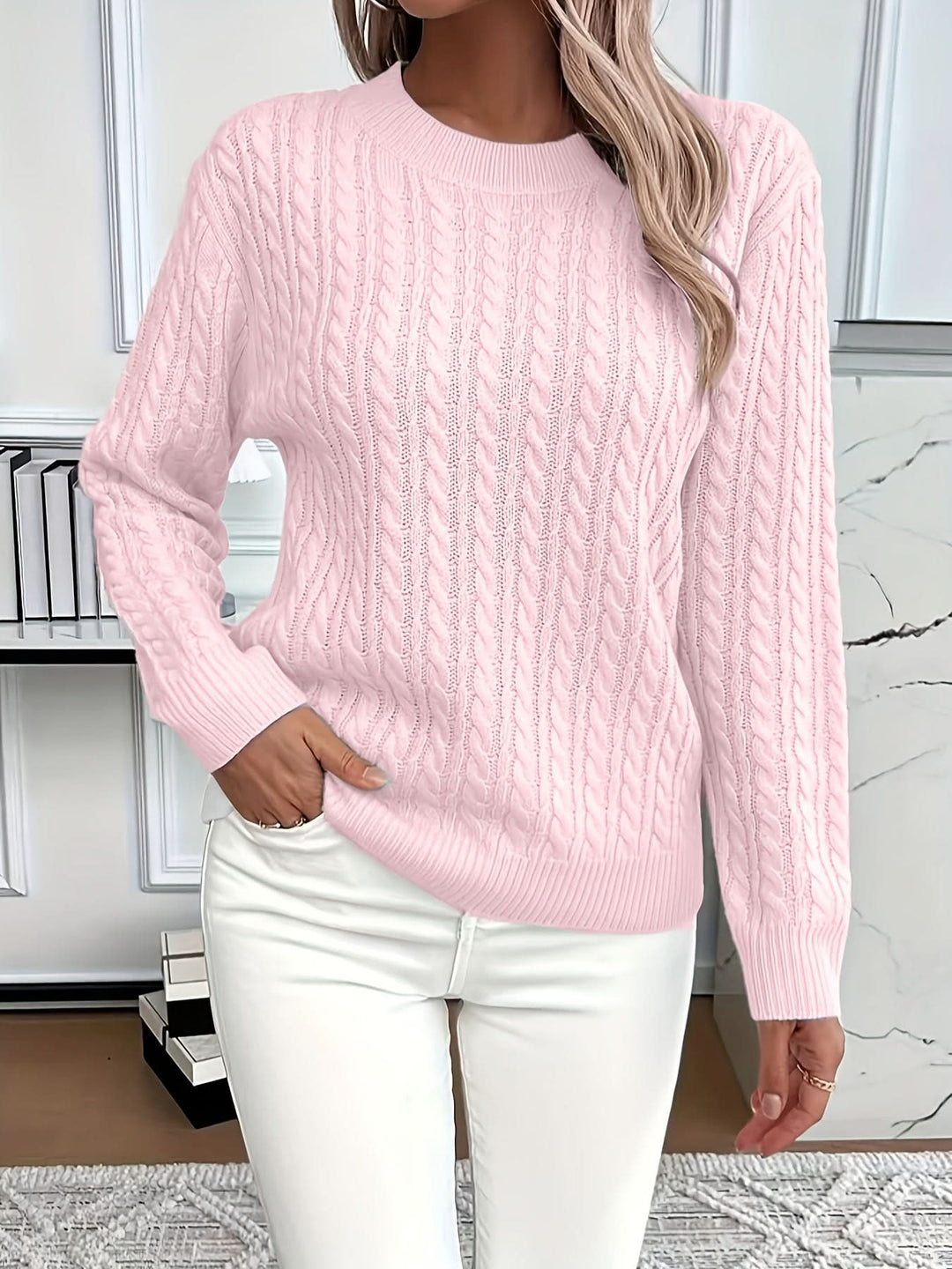 Women's Trendy Cable Knit Jumper with Crew Neck