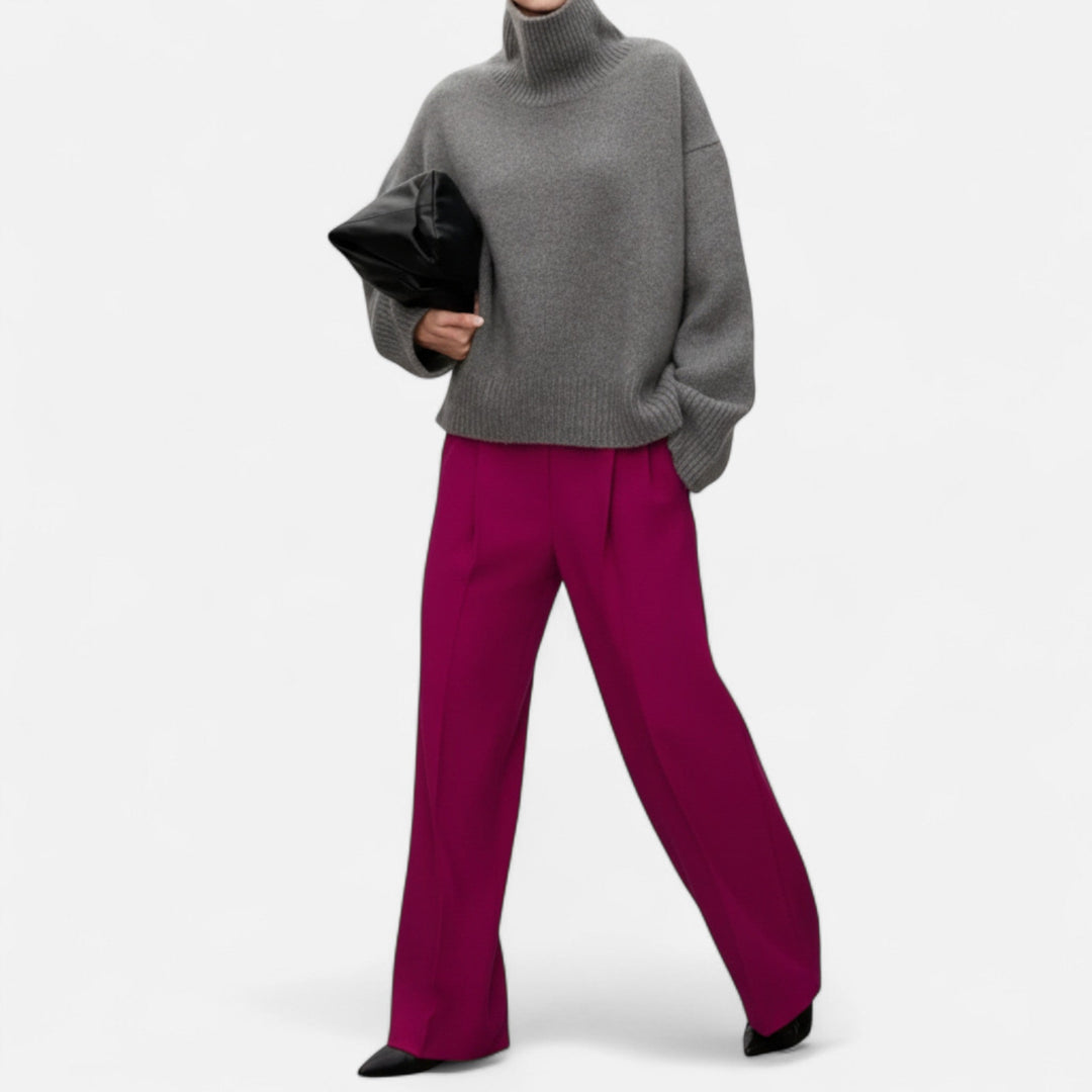 Women's Timeless Wool Sweater with Ribbed Collar and Long Sleeves