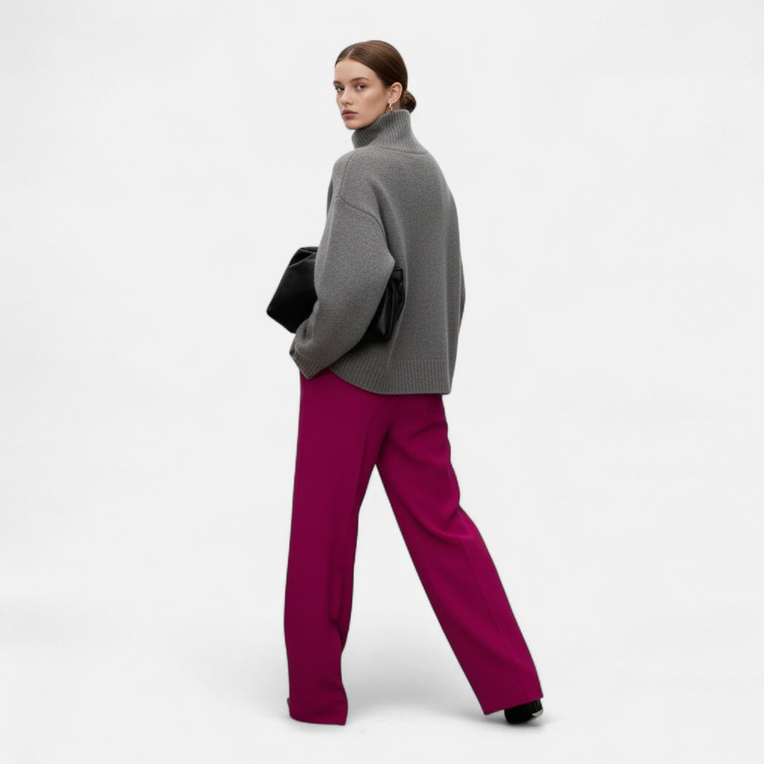 Women's Timeless Wool Sweater with Ribbed Collar and Long Sleeves