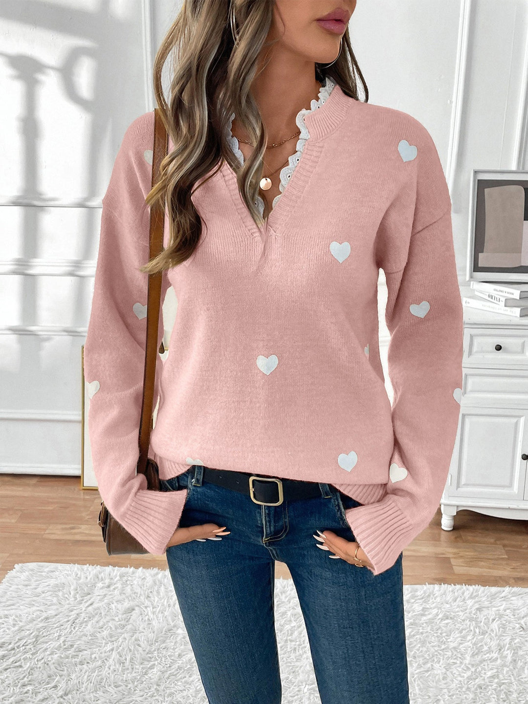 Women's Feminine V Neck Patterned Knit Jumper
