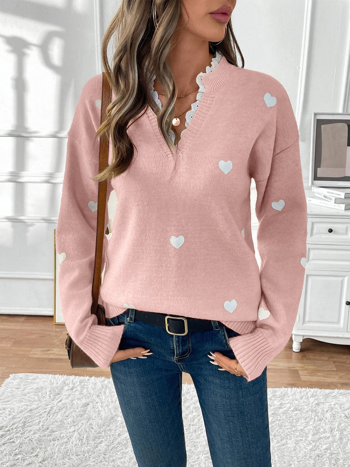 Women's Feminine V Neck Patterned Knit Jumper
