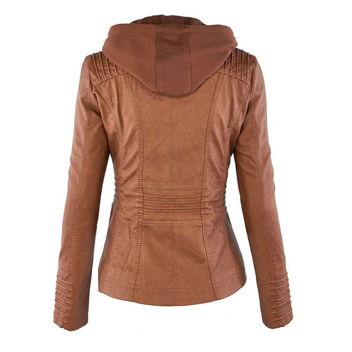 Women's Breathable Edgy Faux Leather Biker Jacket with Removable Hood and Quilted Sleeves