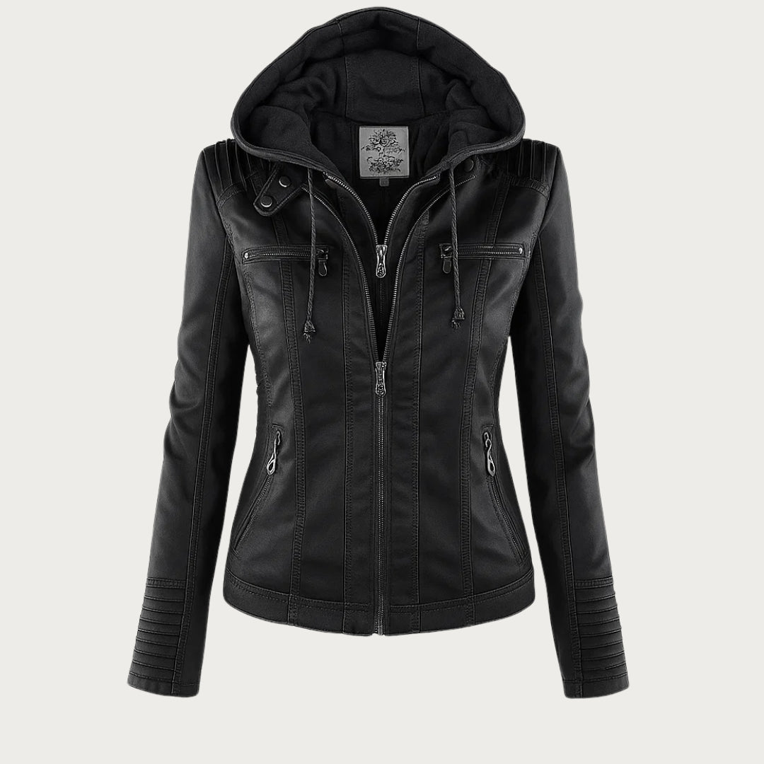 Women's Breathable Edgy Faux Leather Biker Jacket with Removable Hood and Quilted Sleeves
