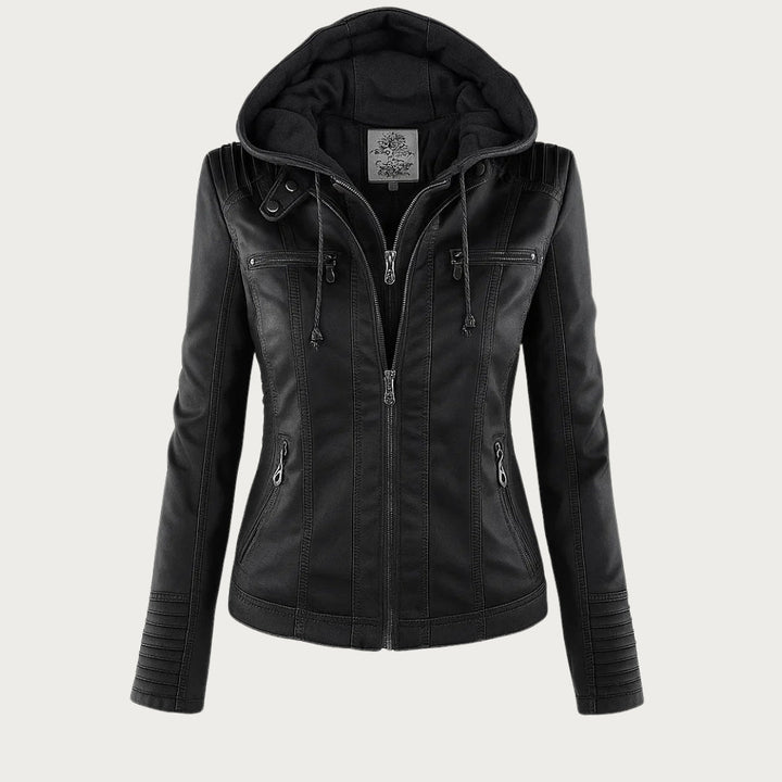 Women's Breathable Edgy Faux Leather Biker Jacket with Removable Hood and Quilted Sleeves