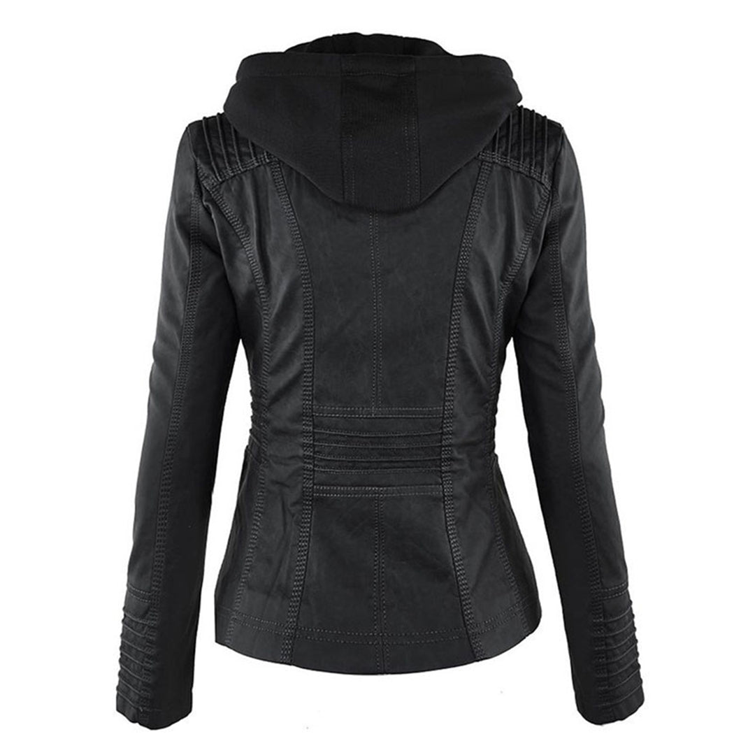 Women's Breathable Edgy Faux Leather Biker Jacket with Removable Hood and Quilted Sleeves