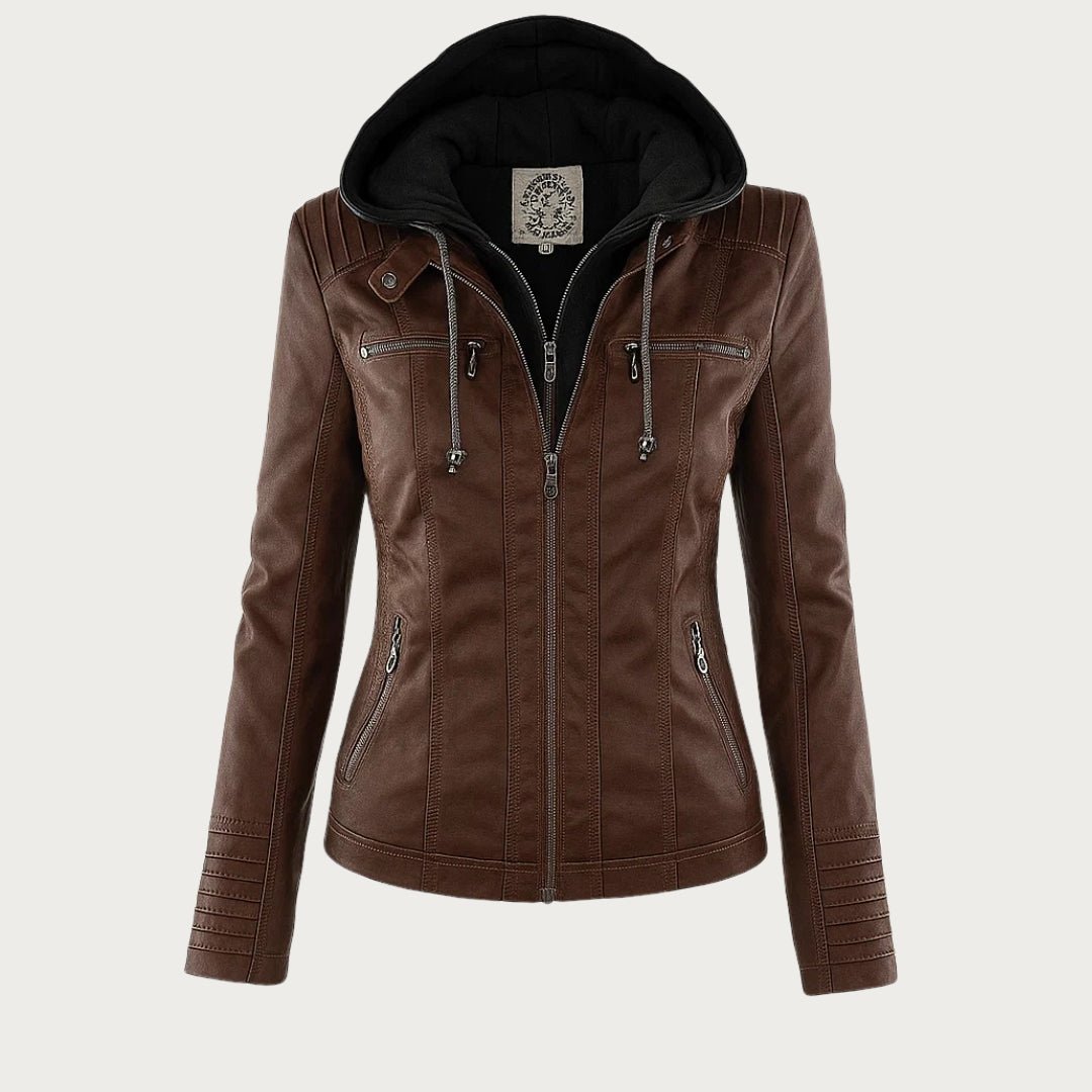 Women's Breathable Edgy Faux Leather Biker Jacket with Removable Hood and Quilted Sleeves