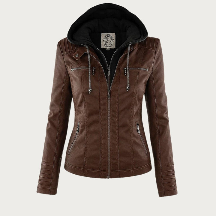 Women's Breathable Edgy Faux Leather Biker Jacket with Removable Hood and Quilted Sleeves