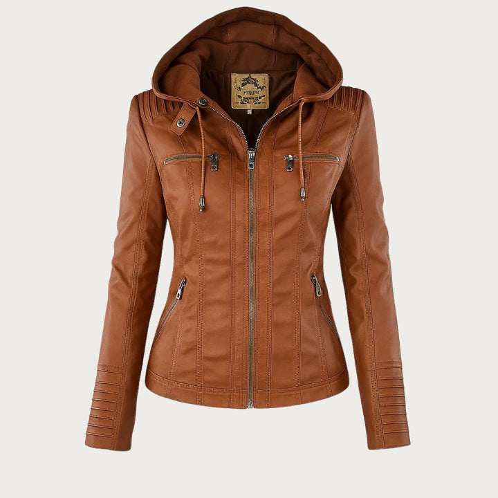 Women's Breathable Edgy Faux Leather Biker Jacket with Removable Hood and Quilted Sleeves