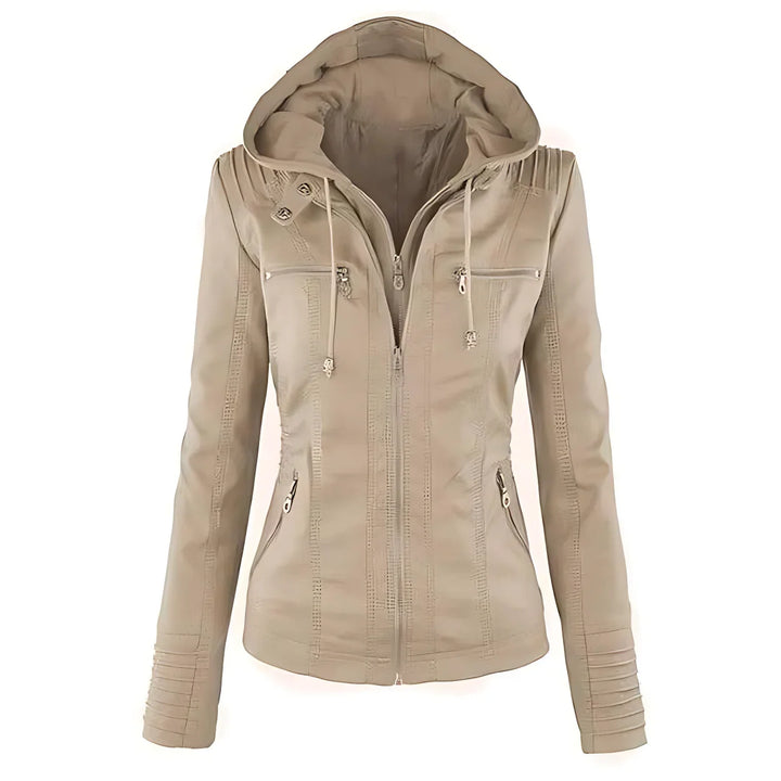 Women's Breathable Edgy Faux Leather Biker Jacket with Removable Hood and Quilted Sleeves