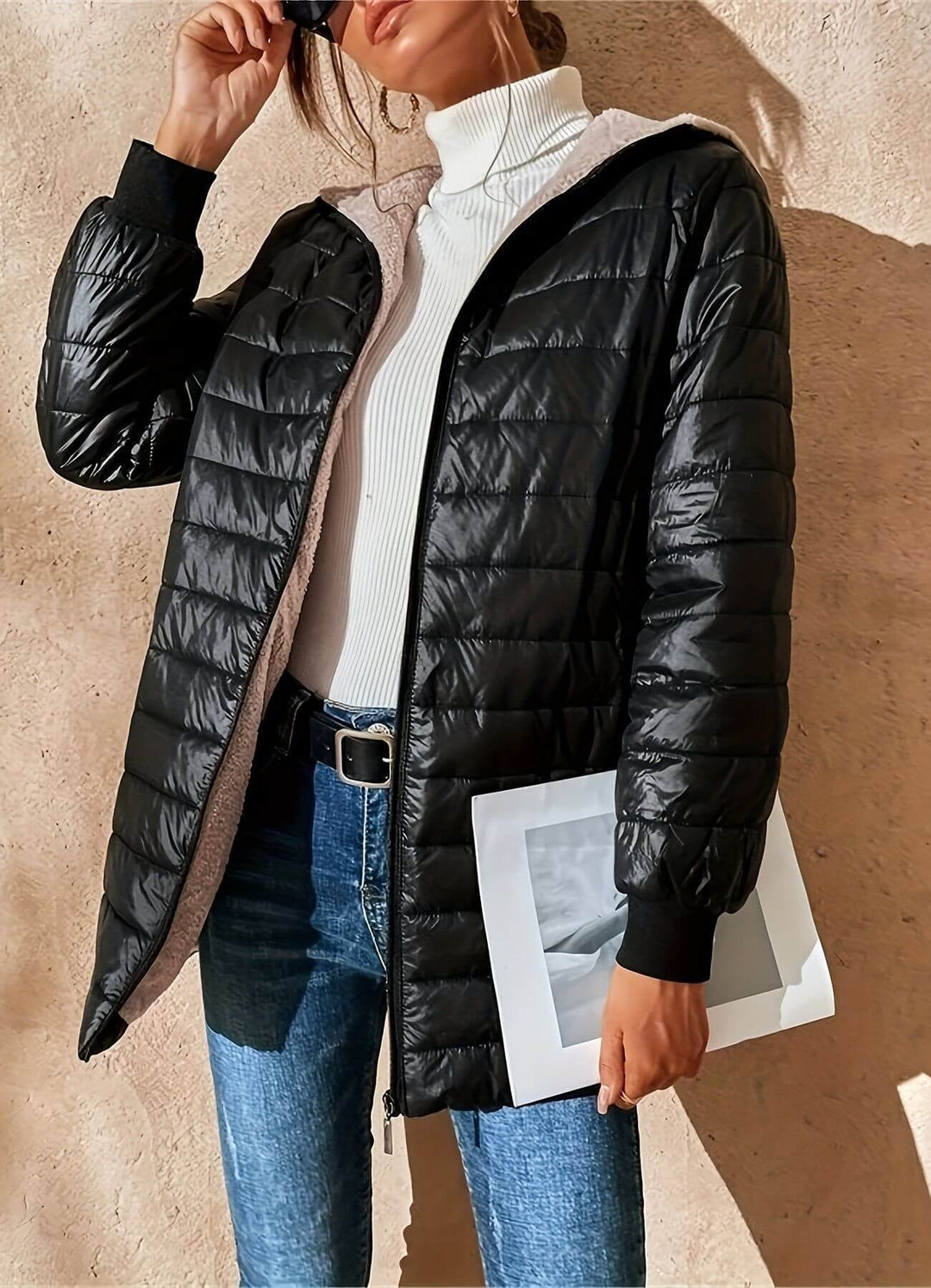 Women's Gorgeous Hooded Puffer Jacket with Ribbed Knit Cuffs