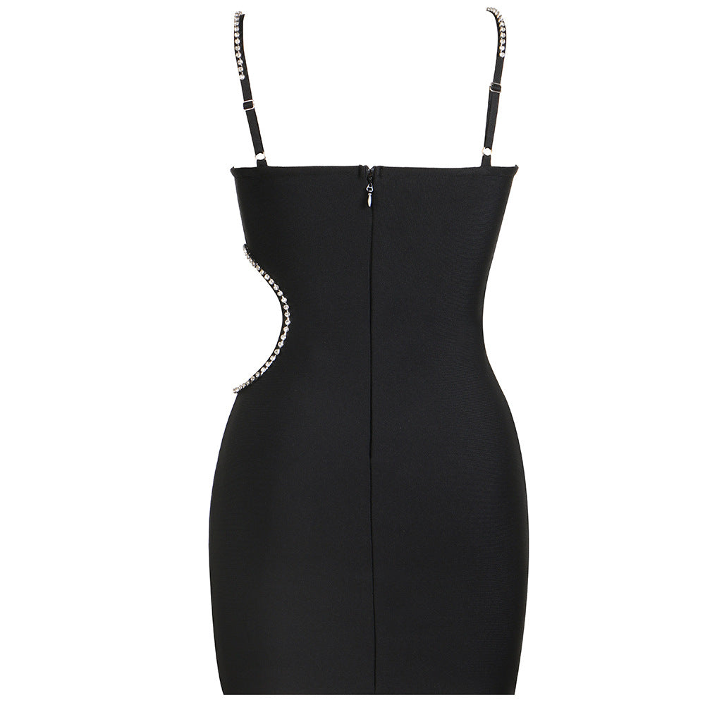 Black Sexy Sling Tube Top Backless Hollow Out Cutout Chain Nightclub Party Bandage Sheath Dress