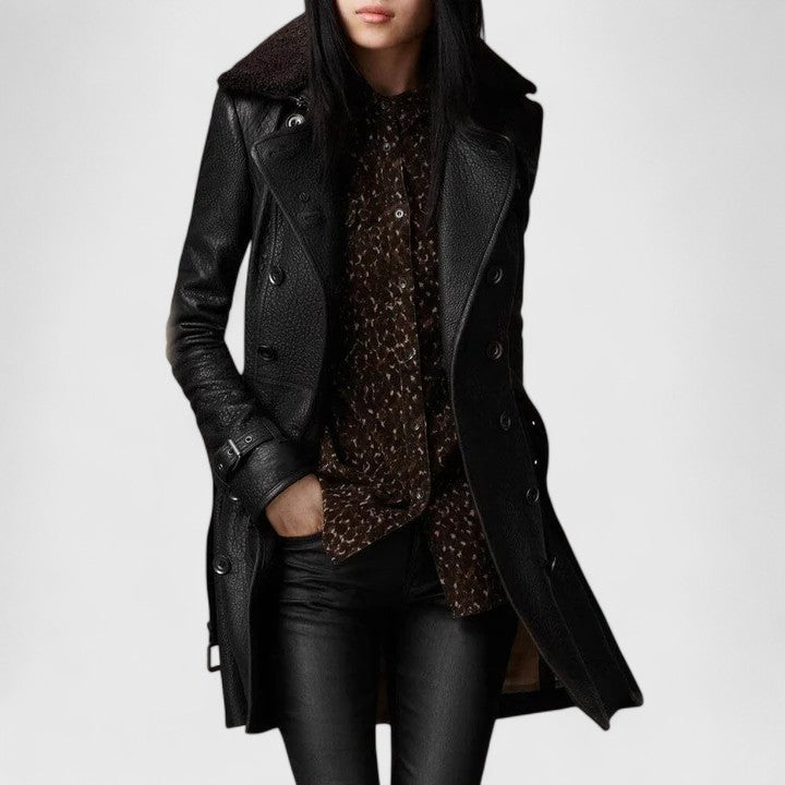 Women's Elegant Leather Trench Coat with Buttons