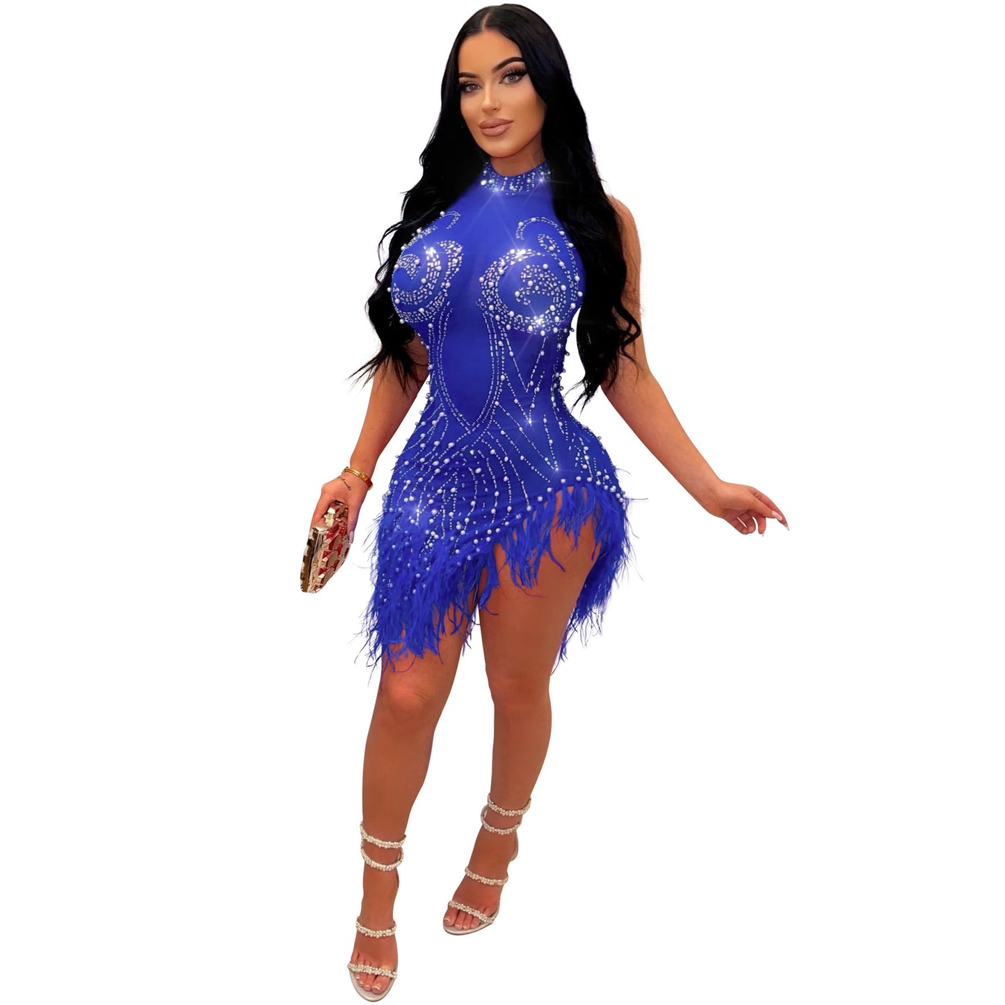 Women Sexy Mesh Rhinestone Foam Feather Dress Women