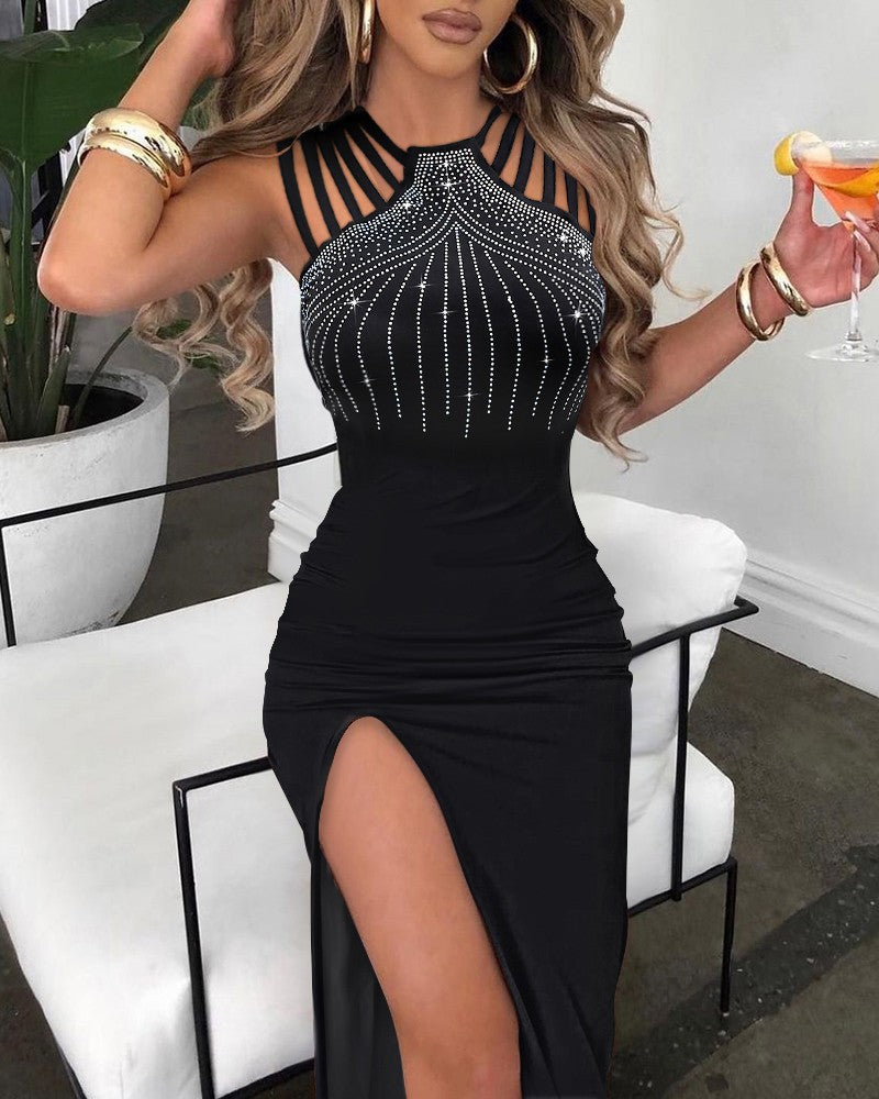 Women Clothing Elegant Rhinestone Split Sheath Dress Nightclub Dinner Dress