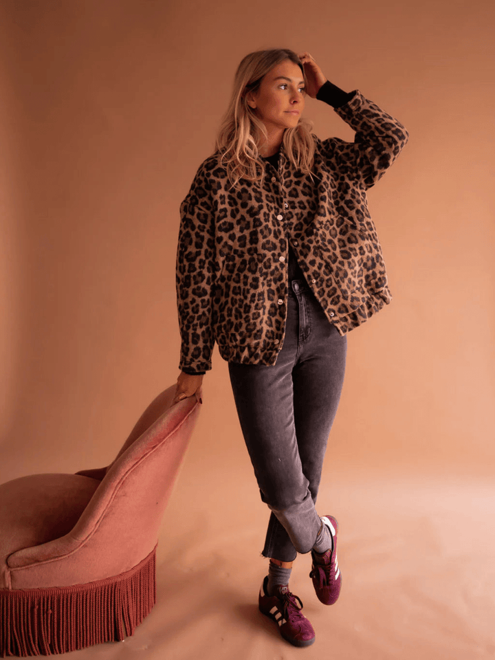 Women's Flattering Leopard Print Teddy Fleece Jacket