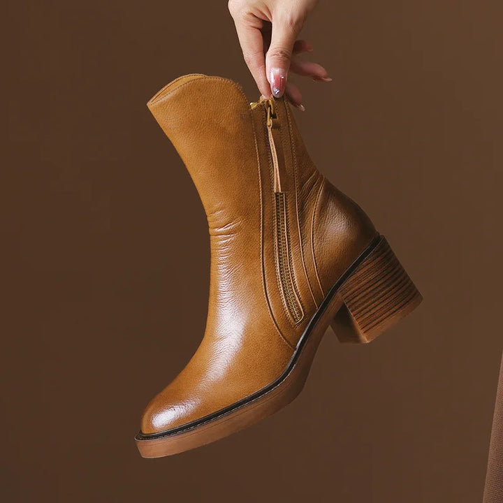 Women's Versatile Leather Block Heel Ankle Boots