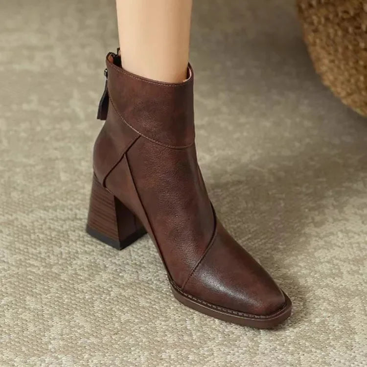 Women's Classic Leather Ankle Boots with Block Heel