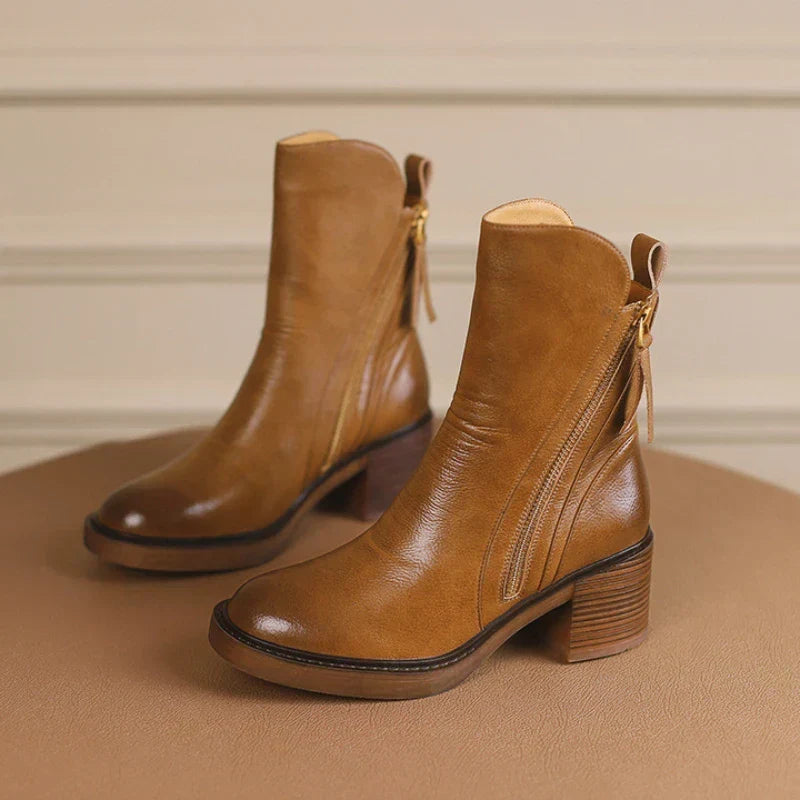 Women's Versatile Leather Block Heel Ankle Boots