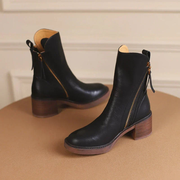 Women's Versatile Leather Block Heel Ankle Boots