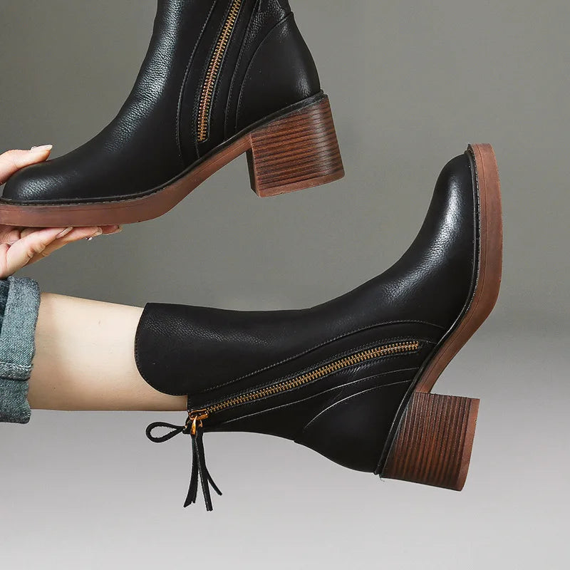 Women's Versatile Leather Block Heel Ankle Boots