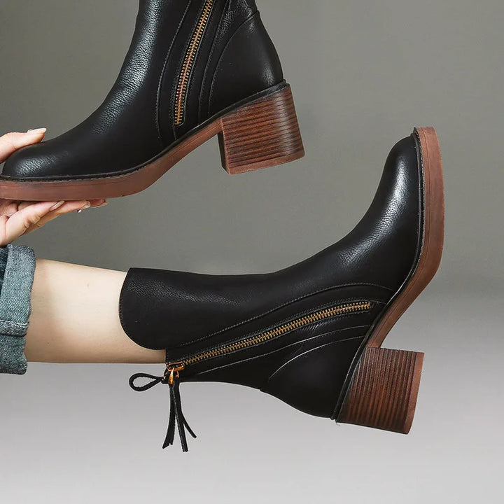 Women's Versatile Leather Block Heel Ankle Boots