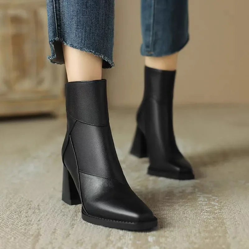 Women's Classic Leather Ankle Boots with Block Heel