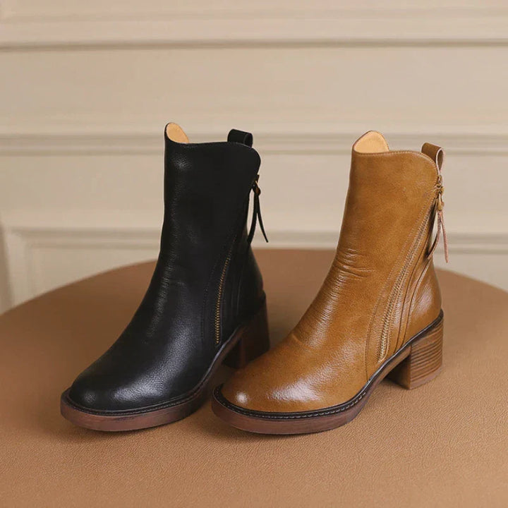 Women's Versatile Leather Block Heel Ankle Boots