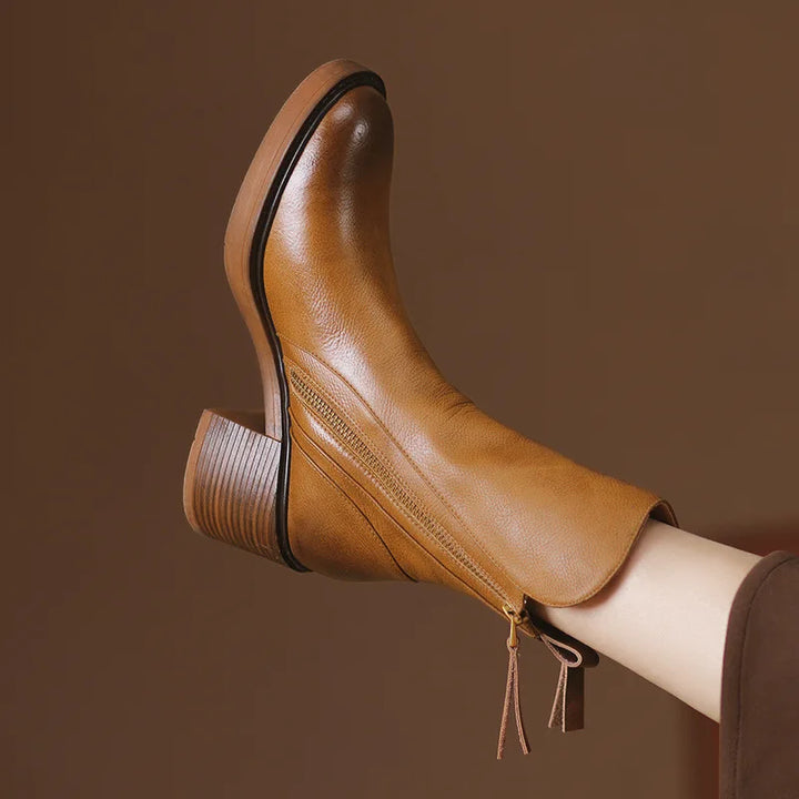 Women's Versatile Leather Block Heel Ankle Boots