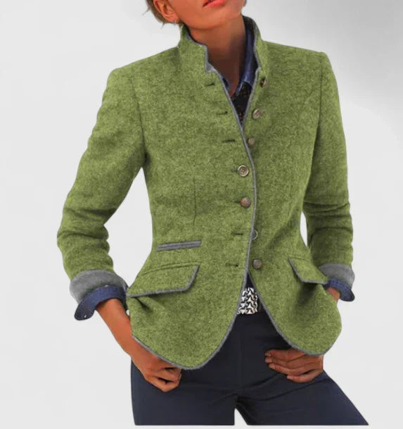 Women's Elegant Fitted Cardigan with High Collar and Button Up Front