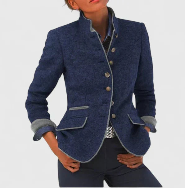Women's Elegant Fitted Cardigan with High Collar and Button Up Front