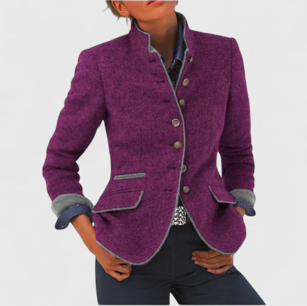 Women's Elegant Fitted Cardigan with High Collar and Button Up Front