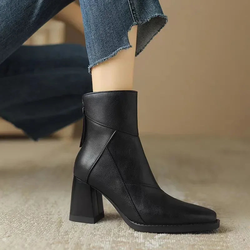 Women's Classic Leather Ankle Boots with Block Heel