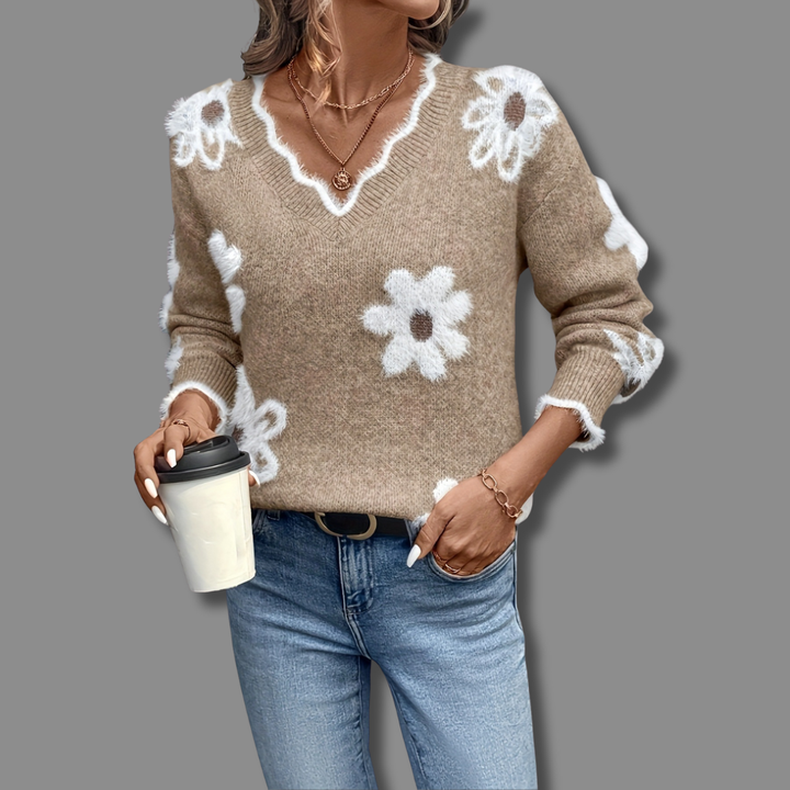 Women's Breathable Floral Knit Jumper with Ribbed Knit Cuffs