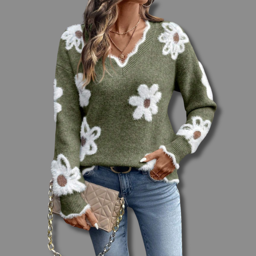 Women's Breathable Floral Knit Jumper with Ribbed Knit Cuffs