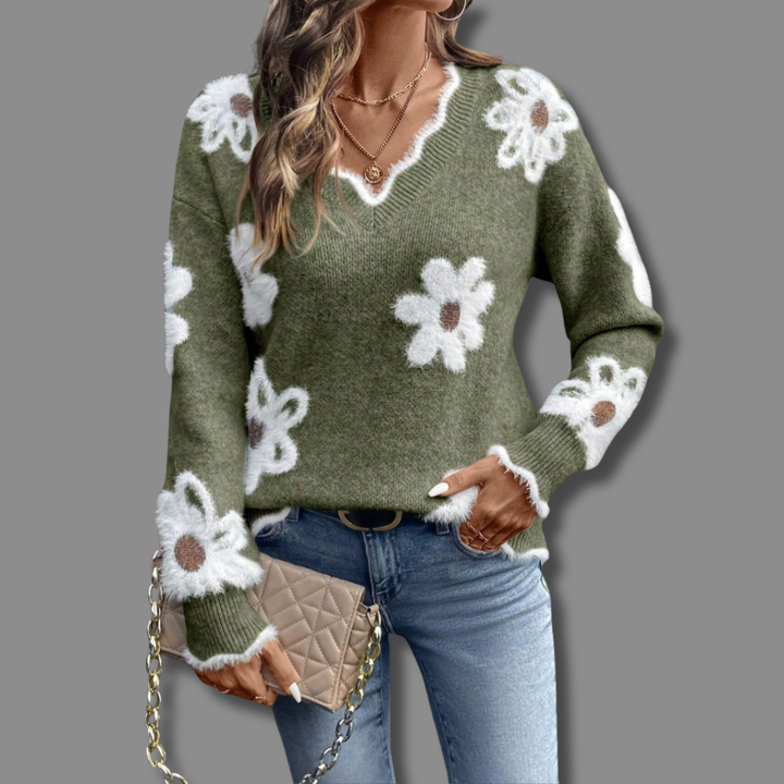 Women's Breathable Floral Knit Jumper with Ribbed Knit Cuffs