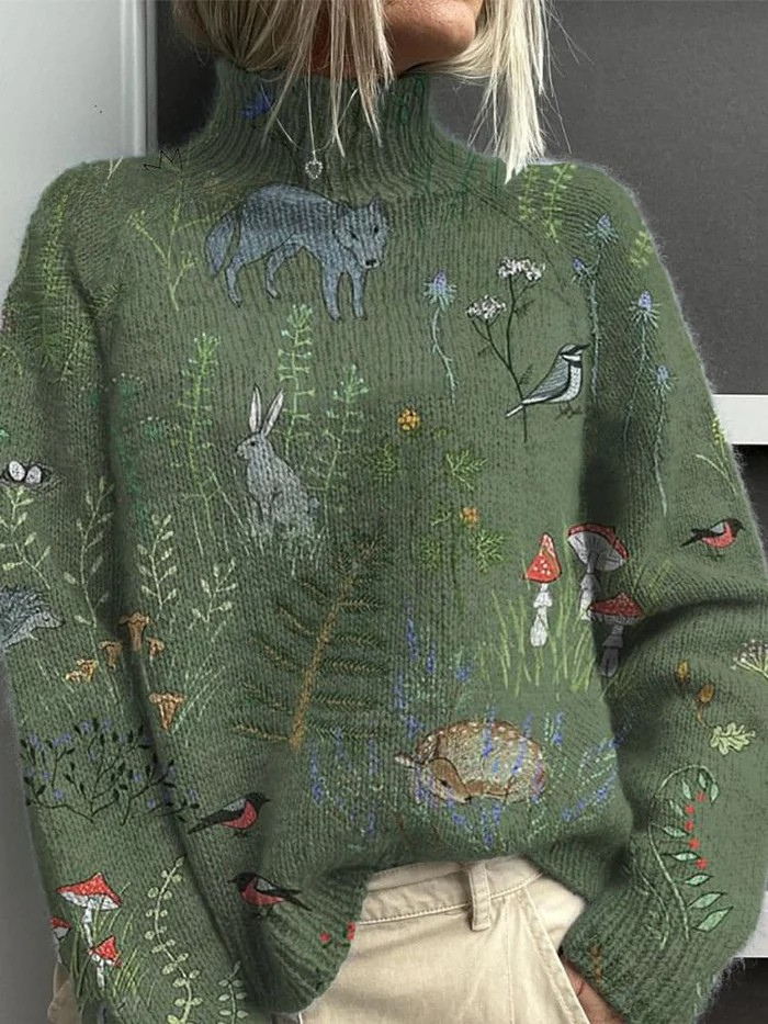 Women's Sophisticated Embroidered Jumper with Ribbed Knit Turtleneck