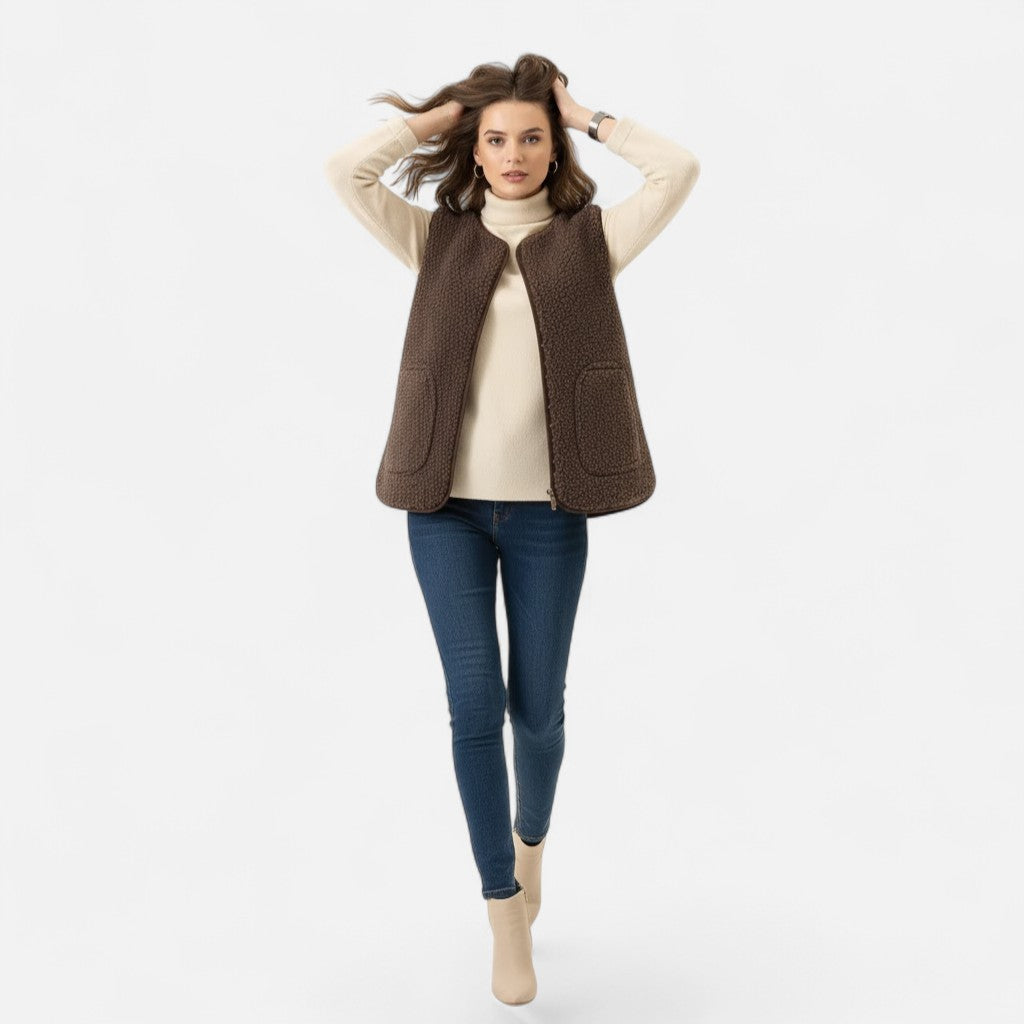 Women's Cosy Sherpa Vest with V Neck and Button Up