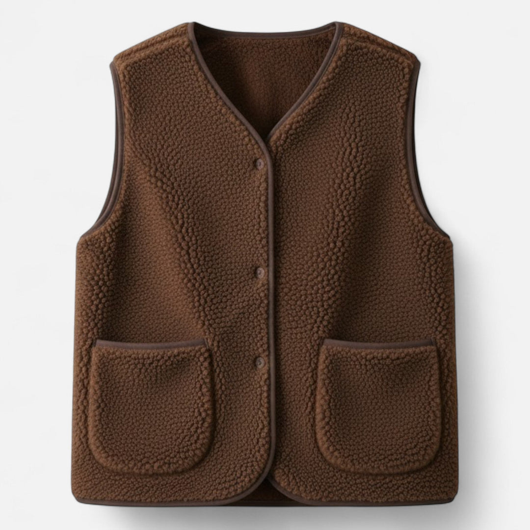 Women's Cosy Sherpa Vest with V Neck and Button Up