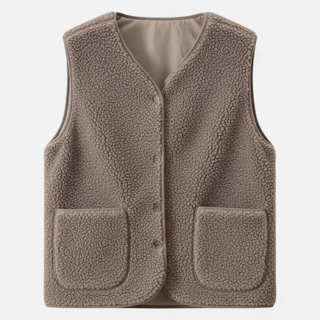 Women's Cosy Sherpa Vest with V Neck and Button Up
