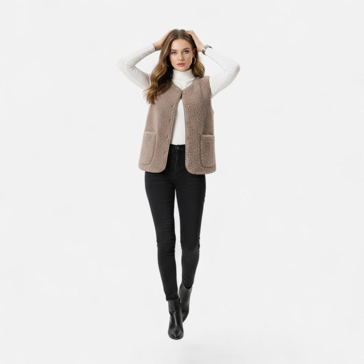 Women's Cosy Sherpa Vest with V Neck and Button Up