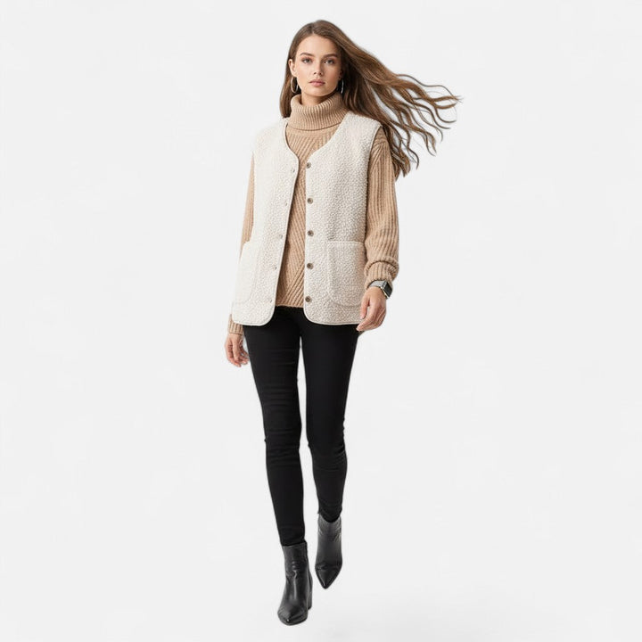 Women's Cosy Sherpa Vest with V Neck and Button Up