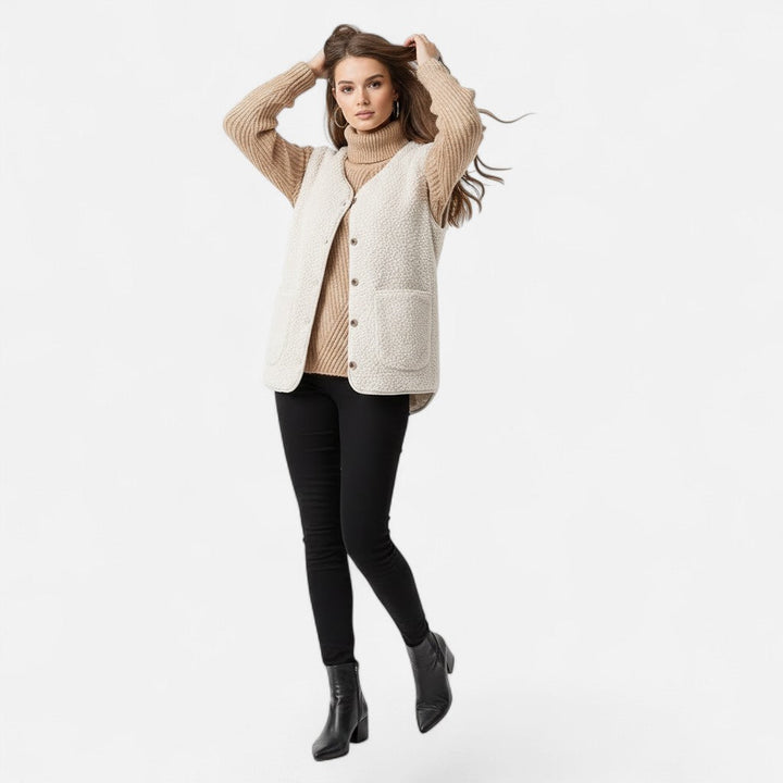 Women's Cosy Sherpa Vest with V Neck and Button Up