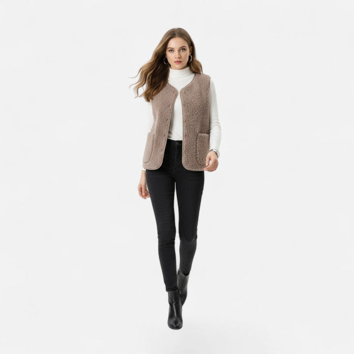 Women's Cosy Sherpa Vest with V Neck and Button Up